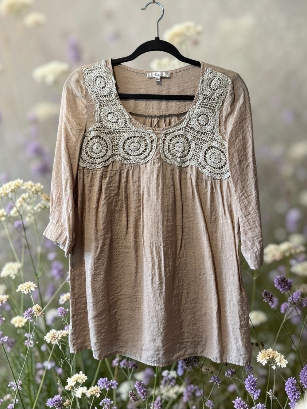 Dani Shimmery Beige Top with Crochet Yoke